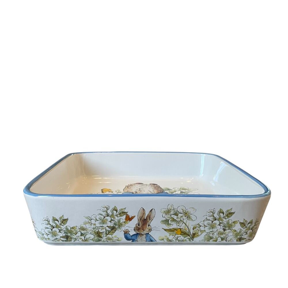 Beatrix Potter Peter Rabbit 9" Square Ceramic Baker Blue Rim Easter Bakeware NEW - Picture 10 of 13